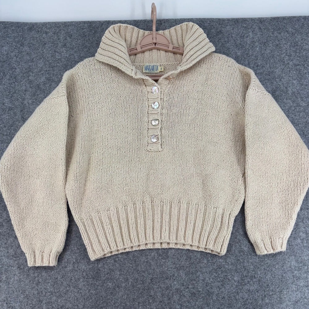 Vintage Margaretta Cream Chunky Knit Button Collar Sweater Made in USA Small